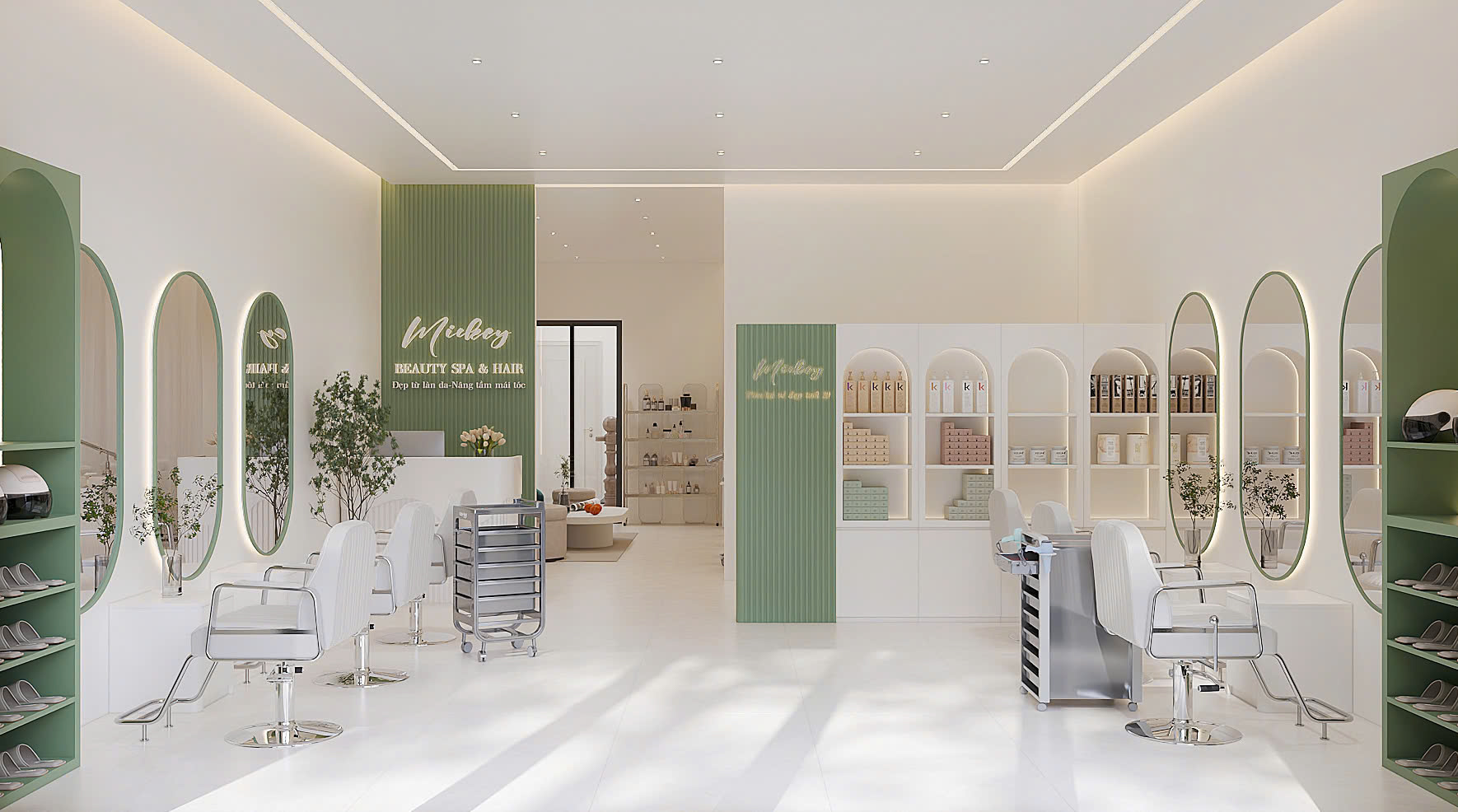 Khu salon tóc Mickey với gương, ghế và kệ sản phẩm